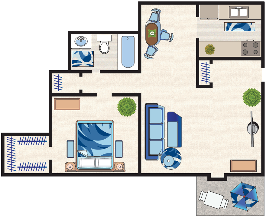 Floor plan for 1 bed, 1 bath, 682 sqft